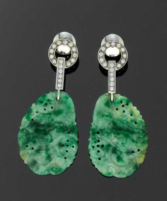 Appraisal: JADE AND BRILLIANT-CUT DIAMOND PENDANT EARRINGS M KUNC White gold