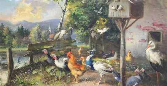 Appraisal: Julius Scheuerer - oil on canvas Chickens and wildfowl beside