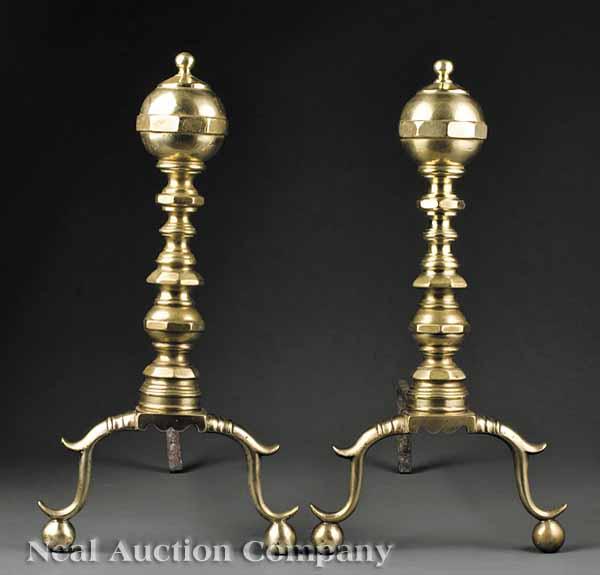 Appraisal: A Pair of American Classical Brass Ball Top Andirons th