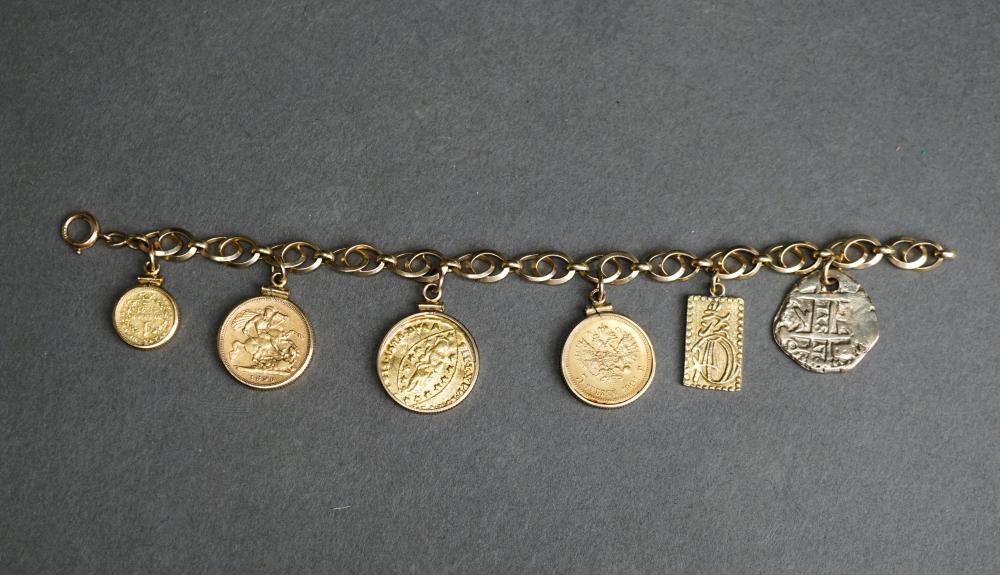 Appraisal: -KARAT YELLOW-GOLD AND COIN MOUNTED CHARM BRACELET GROSS DWT -Karat