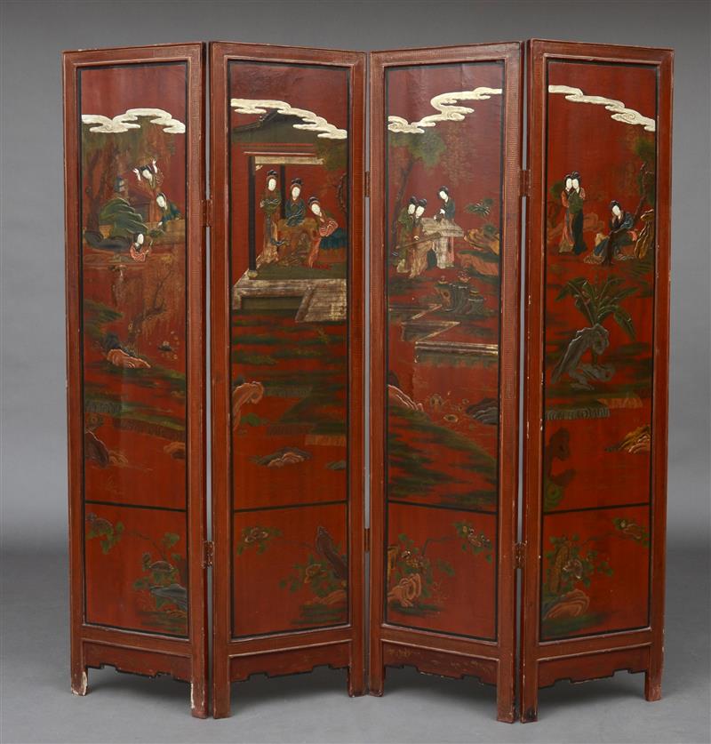 Appraisal: Chinese Red Lacquer Four-Panel Screen x in Estimate -