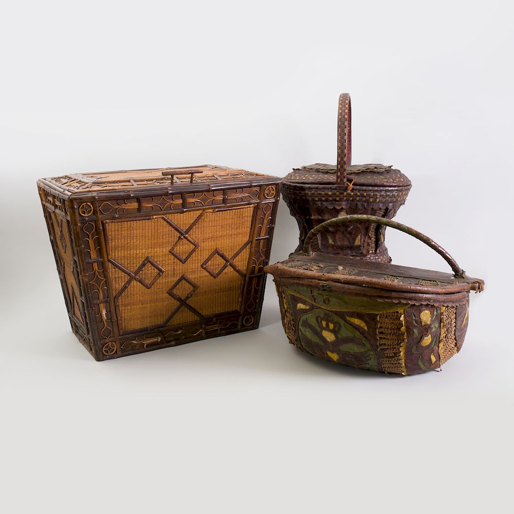 Appraisal: Two Austrian Leather-Mounted Baskets and a Wicker and Reed-Mounted Casket