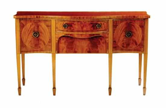 Appraisal: Diminutive inlaid mahogany serpentine sideboard circa serpentine top over mirroring