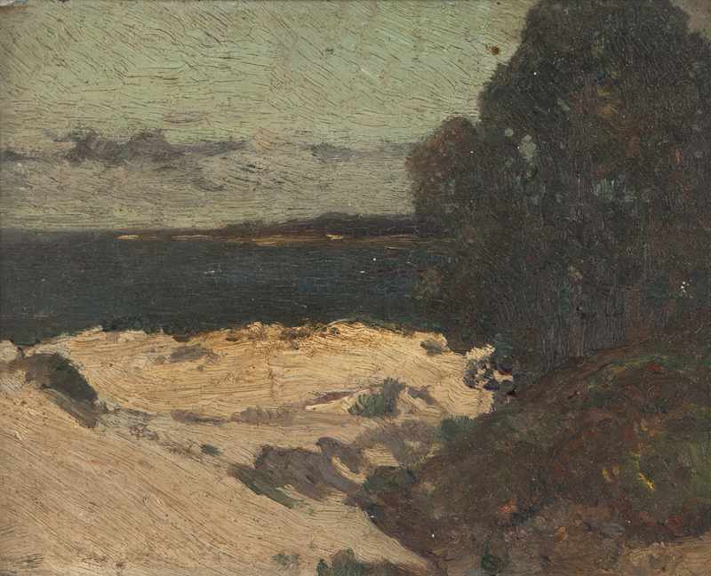 Appraisal: View of the ocean with foreground trees and beach oil