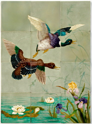 Appraisal: THEODORE DECK Twelve-tile panel painted by Ernest Carriere with ducks