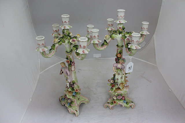 Appraisal: A PAIR OF CONTINENTAL PORCELAIN FOUR BRANCH CANDELABRA in the