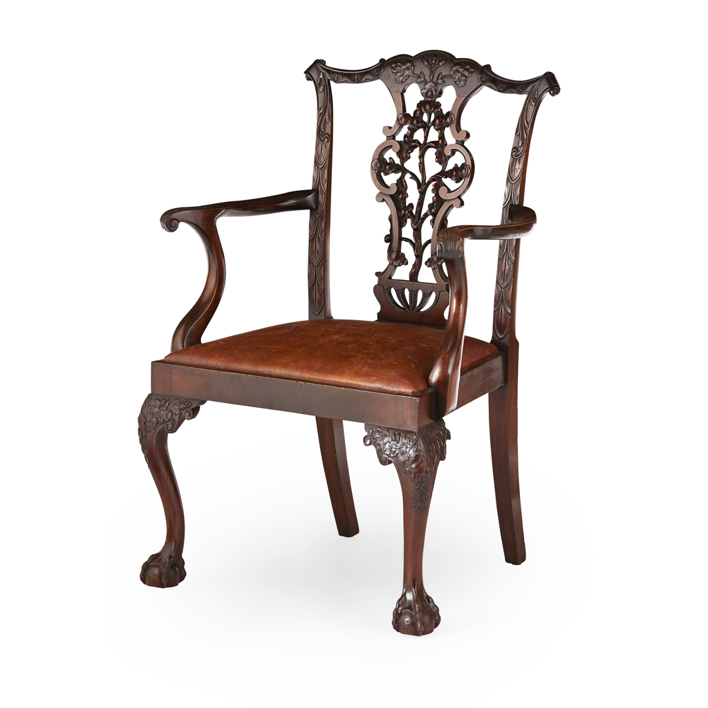 Appraisal: CHIPPENDALE STYLE CARVED MAHOGANY OPEN ARMCHAIR EARLY TH CENTURY with