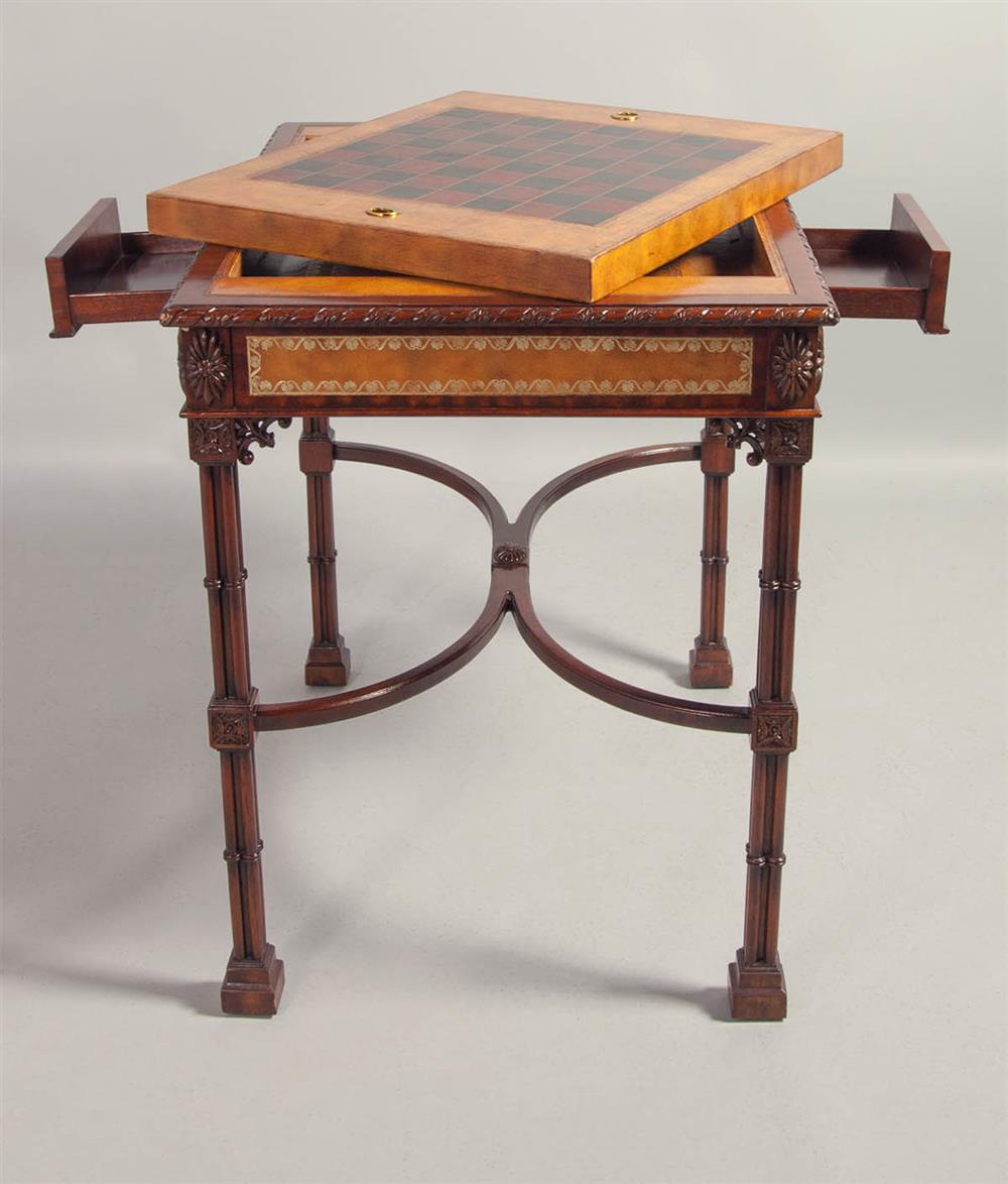 Appraisal: GEORGIAN STYLE MAHOGANY AND GILT EMBOSSED LEATHER GAMES TABLE WITH