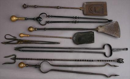 Appraisal: EIGHT WROUGHT-IRON FIRE TOOLS Comprising pairs of tongs a -prong