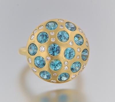 Appraisal: A Contemporary Design Diamond and Blue Zircon Dome Ring k