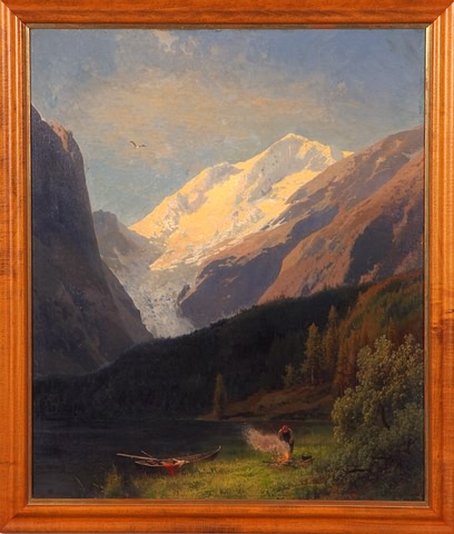 Appraisal: Valley landscape with mountains in distance and boater along river