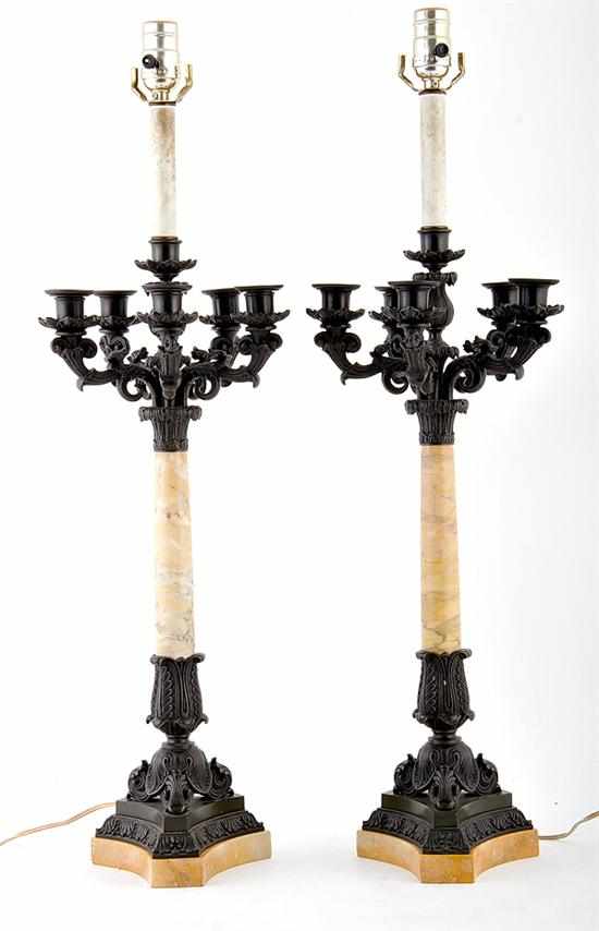 Appraisal: Pair Charles X bronze-mounted marble six-light candelabra late th century