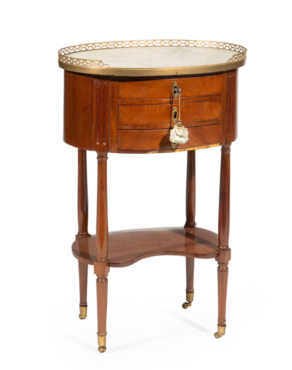 Appraisal: Louis XVI-Style Mahogany and Walnut Table en Chiffoniere brass galleried