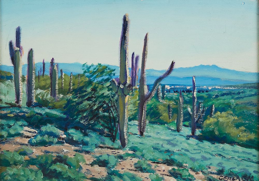 Appraisal: Christopher Gerlach Saguaro Landscape Oil on Ca Christopher Gerlach b