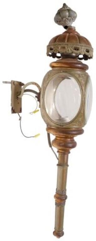 Appraisal: Brass and copper plated coach lantern now electrified with later