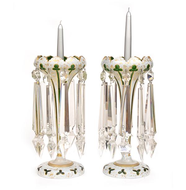 Appraisal: A PAIR OF CZECH WHITE OVERLAID GREEN GLASS LUSTRE VASES