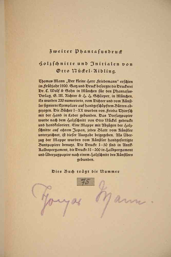 Appraisal: X RARE SIGNED GERMAN BOOK - Mann Thomas 'Die Kleine