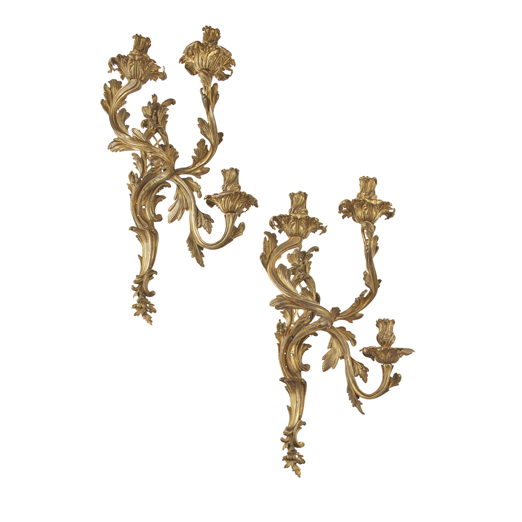 Appraisal: PAIR OF LARGE LOUIS XV STYLE GILT BRONZE WALL SCONCES