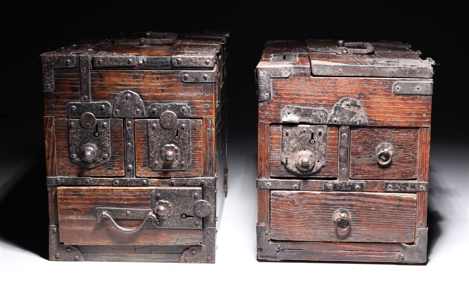 Appraisal: Two antique Japanese wooden chests with metal fittings and various