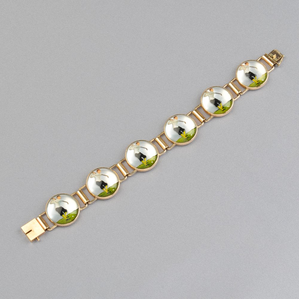 Appraisal: kt Gold and Reverse-painted Crystal Golf-Theme Bracelet set with six