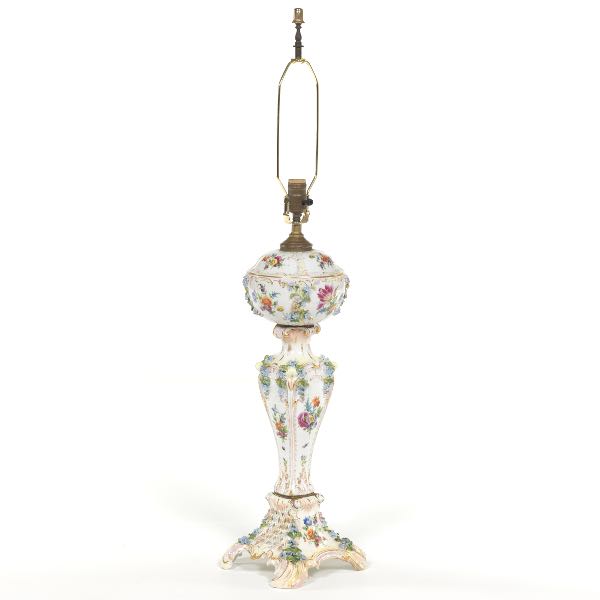 Appraisal: DRESDEN ROCOCO STYLE PORCELAIN LAMP overall Large porcelain base transformed