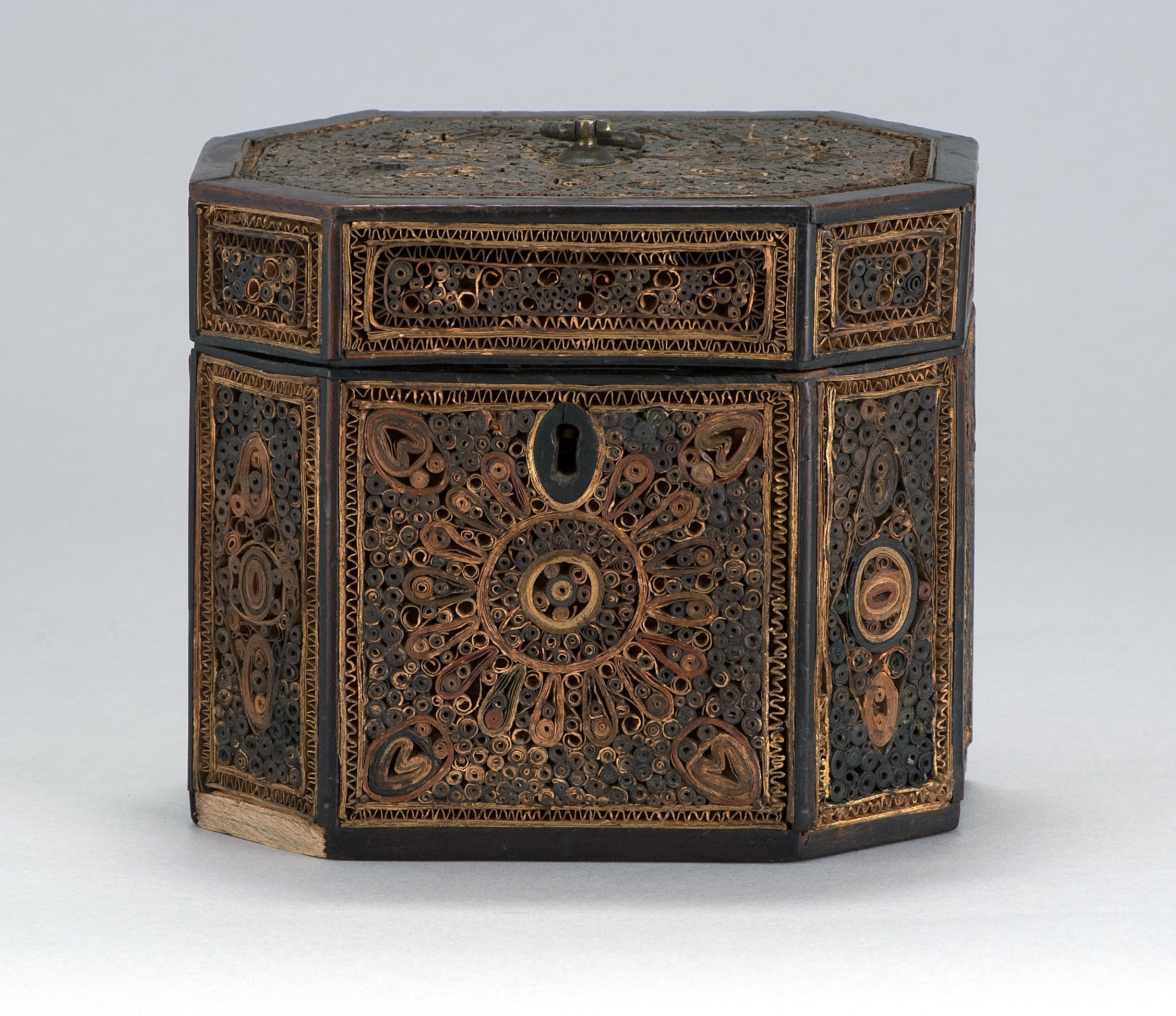 Appraisal: NAPOLEONIC PRISONER-OF-WAR OCTAGONAL TEA CADDY Early th CenturyInset brass and