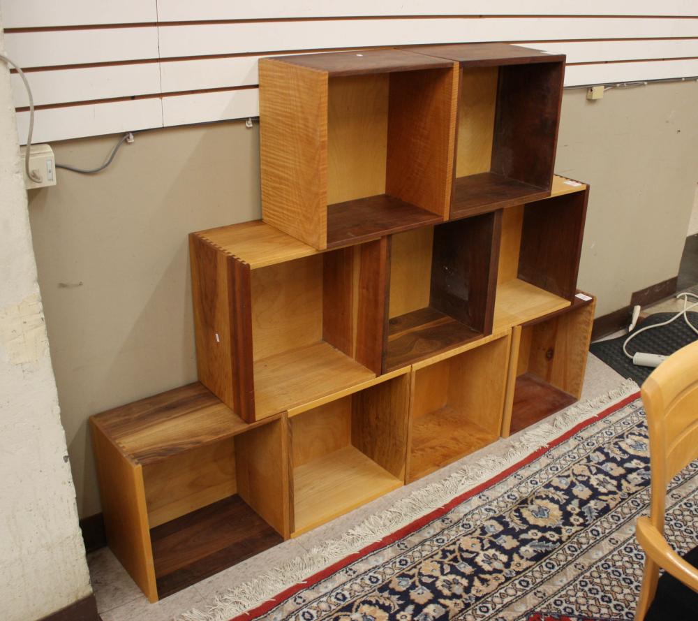 Appraisal: NINE STACKING CUSTOM WOOD DISPLAY STORAGE BOXES The Joinery Portland