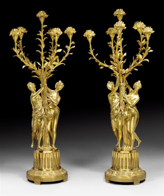 Appraisal: PAIR OF GILT BRONZE CANDELABRAS AUX JEUNES FEMMES Louis XVI