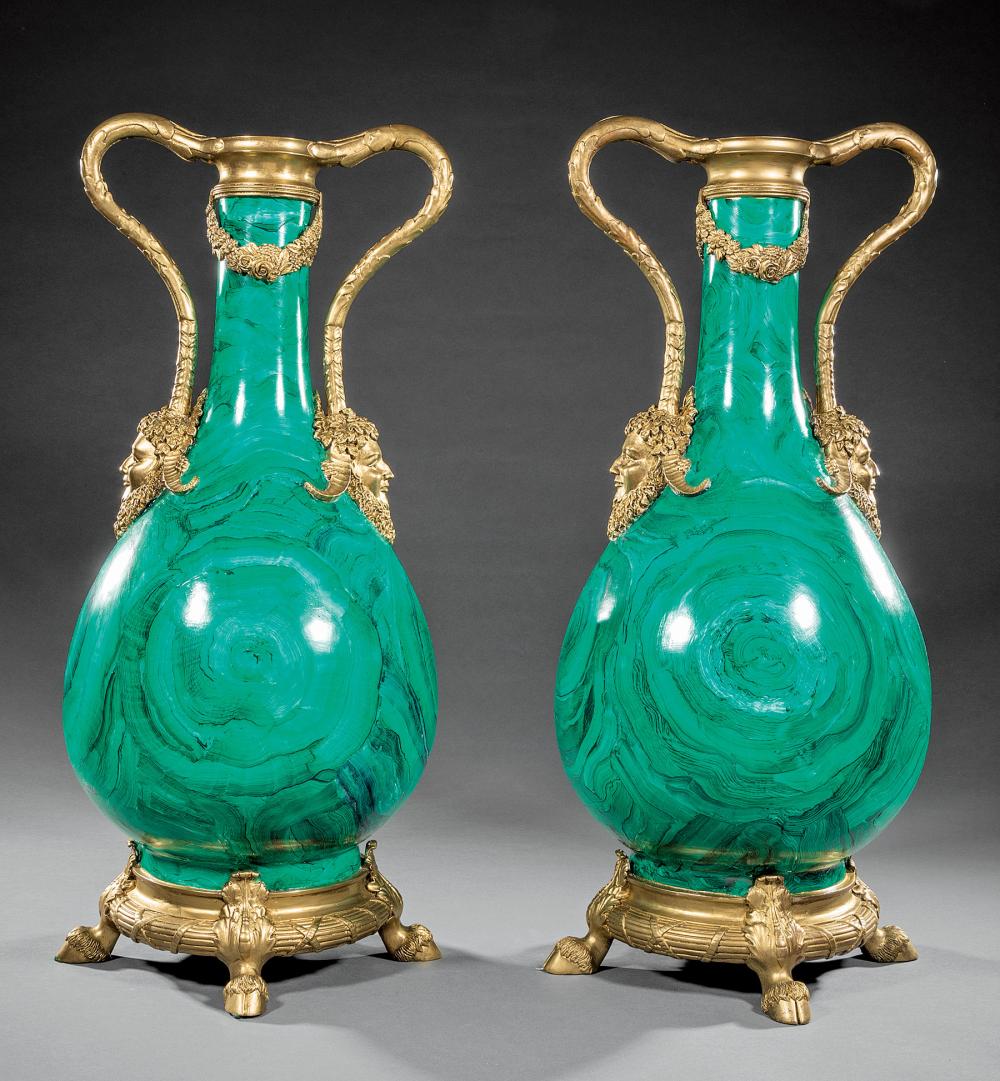 Appraisal: Pair of Empire-Style Bronze-Mounted Faux Malachite Urns th c Bacchic