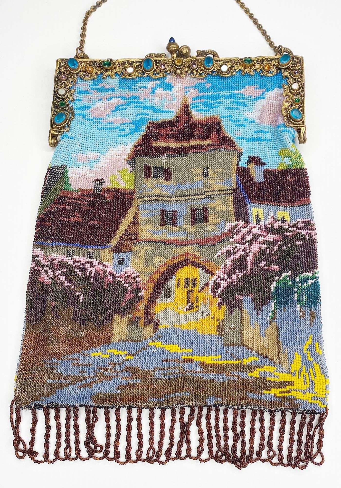 Appraisal: Micro Beaded Purse with Canal Scene and Jeweled Frame long