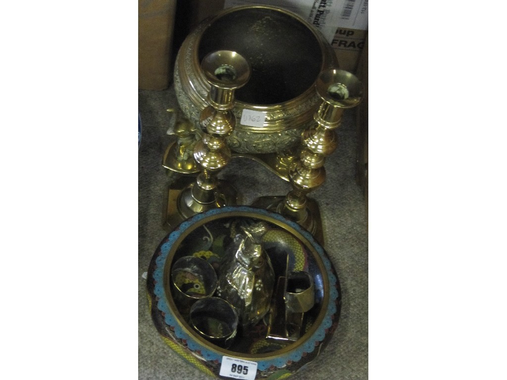 Appraisal: Indian brass bowl on stand pair of candl