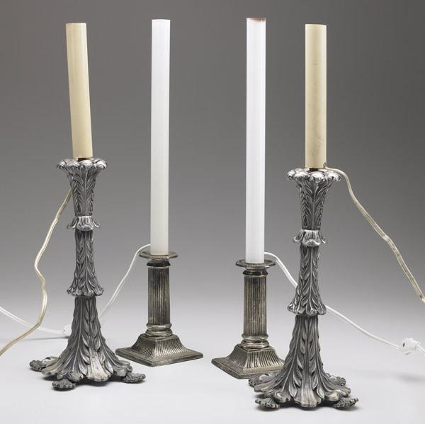 Appraisal: LIGHTING Four candlestick lamps pair of antique silverplate and tall