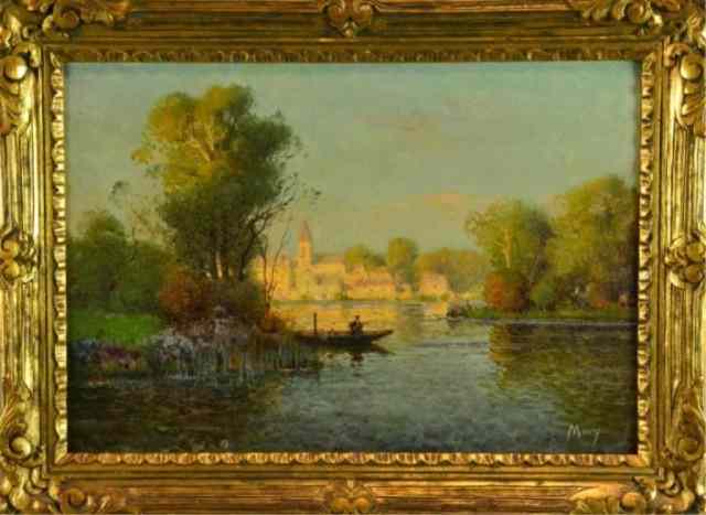 Appraisal: LANDSCAPE PAINTING BY MORYCharming landscape with a fisherman in a