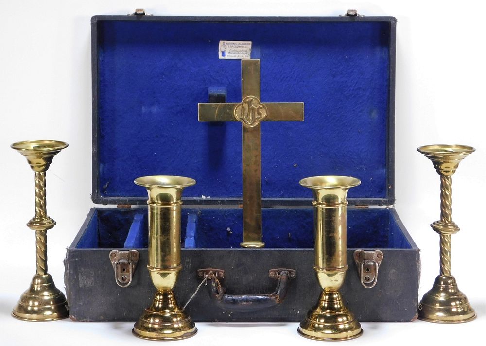 Appraisal: Military Chaplain Crucifix Altar Candlestick Set United States Circa The