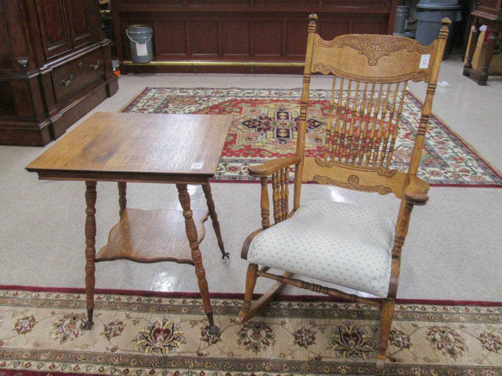 Appraisal: OAK ROCKER AND LAMP TABLE American late th century the