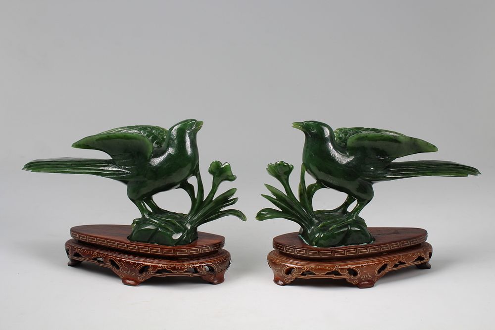 Appraisal: Carved Chinese Carved Spinach Jade Phoenixes Carved Chinese Carved Spinach