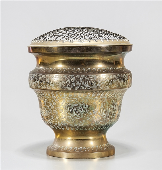 Appraisal: Indian brass censer with openwork cover repeating leaf pattern x