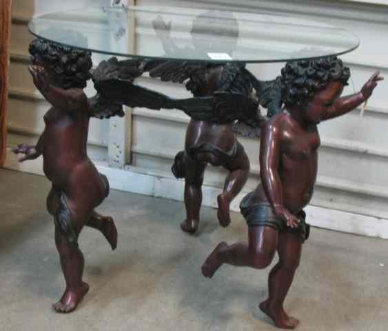 Appraisal: FIGURAL BRONZE LAMP TABLE featuring three standing winged cupid figures