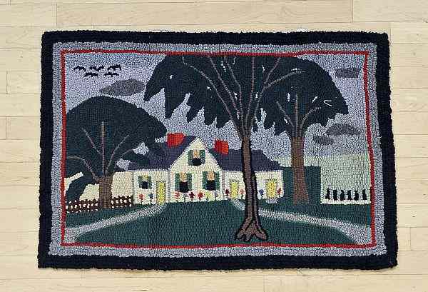 Appraisal: American hooked rug with a house th c x