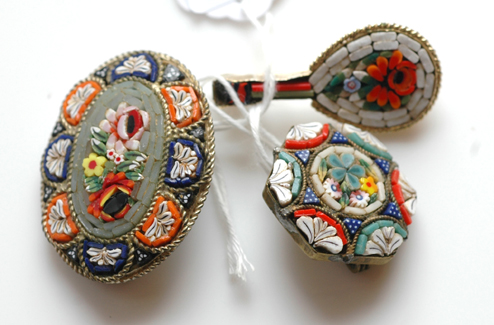 Appraisal: THREE MICRO MOSAIC BROOCHES IN SILVER GILT SETTINGS