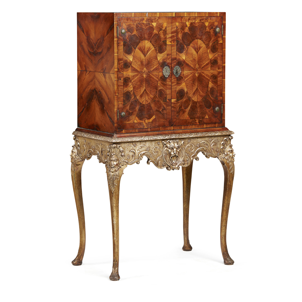 Appraisal: GEORGE I STYLE OYSTER VENEERED AND PARCEL GILT CABINET ON