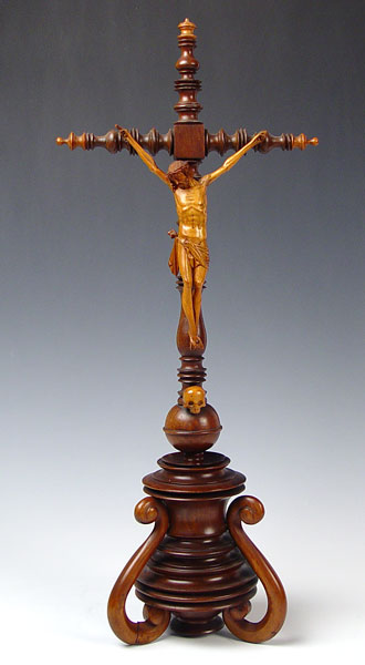 Appraisal: FLEMISH CARVED WOOD CRUCIFIX Carved Christ on spool turned cross