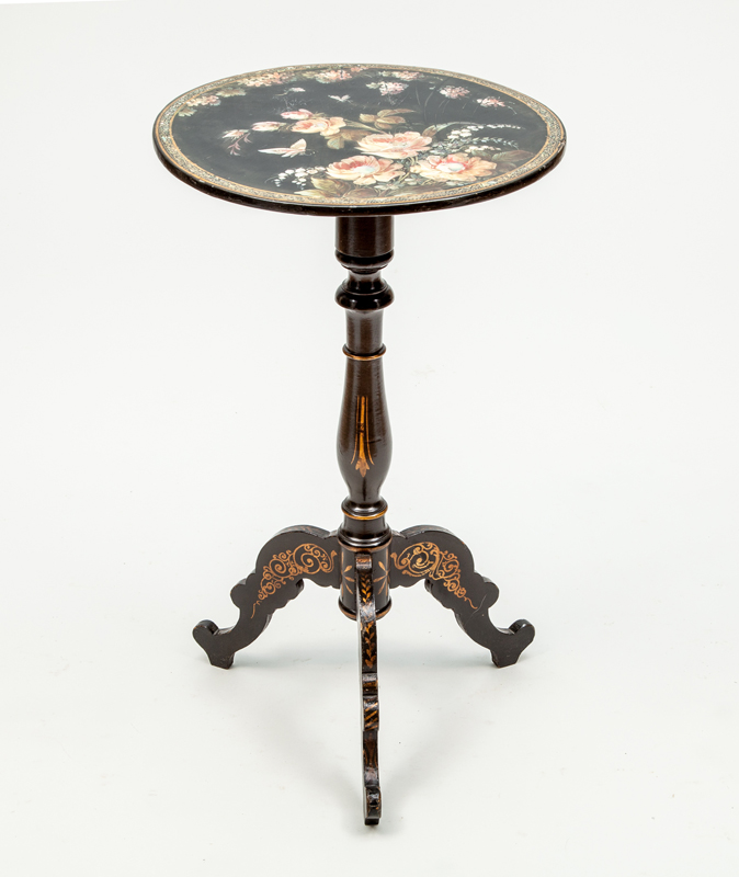 Appraisal: VICTORIAN BLACK PAINTED AND PARCEL-GILT AND MOTHER-OF-PEARL INLAID TILT-TOP TRIPOD