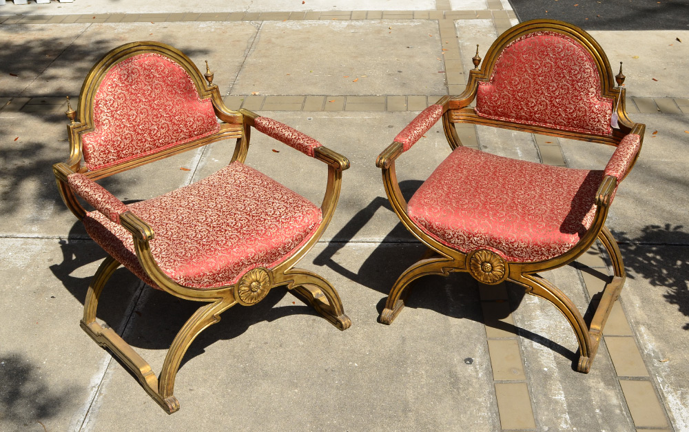 Appraisal: PAIR GILT WOOD REGENCY CHAIRS Carved and shaped gilded frames