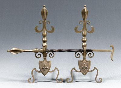 Appraisal: Pair French bell metal andirons scrolled baluster and fleur de