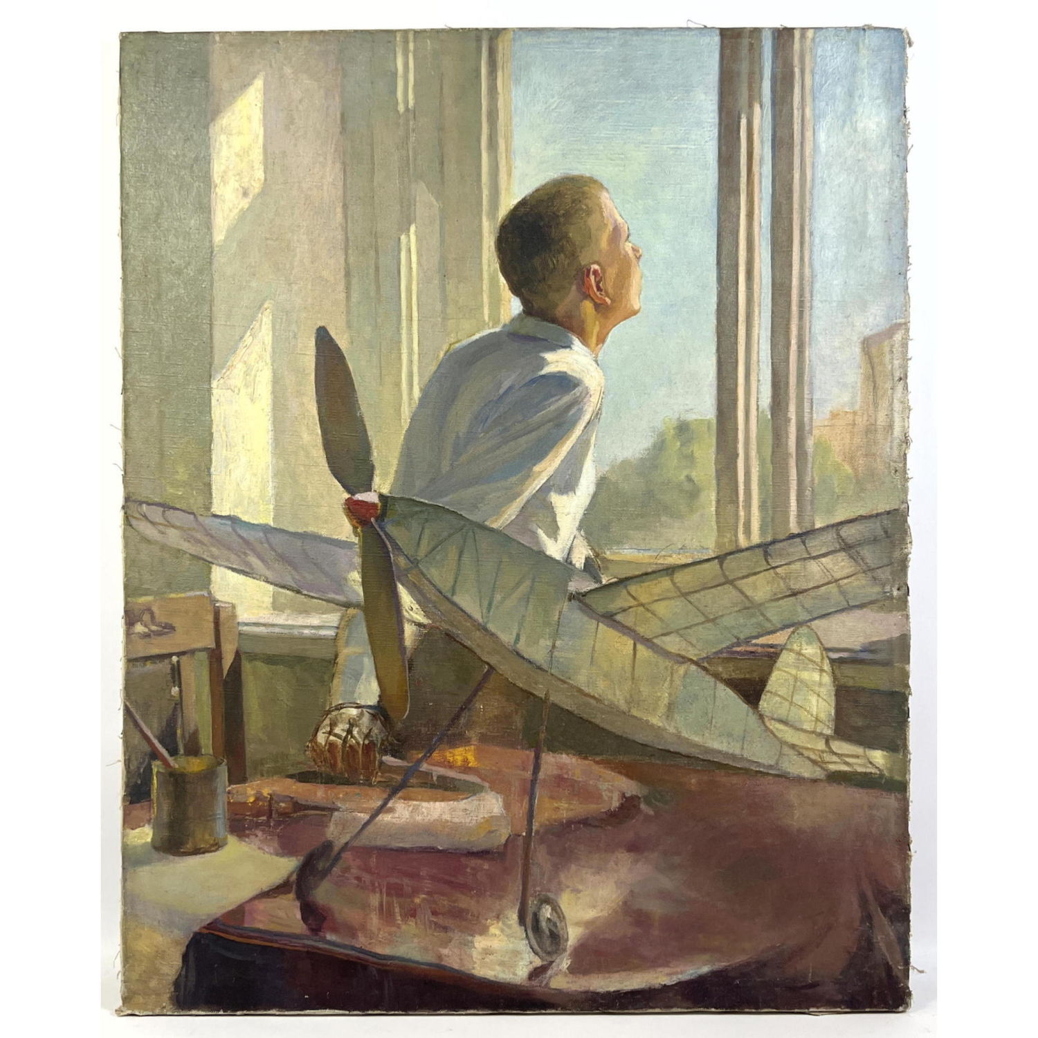 Appraisal: Painting on Canvas Boy with Model Airplane - Ukrainian Dimensions