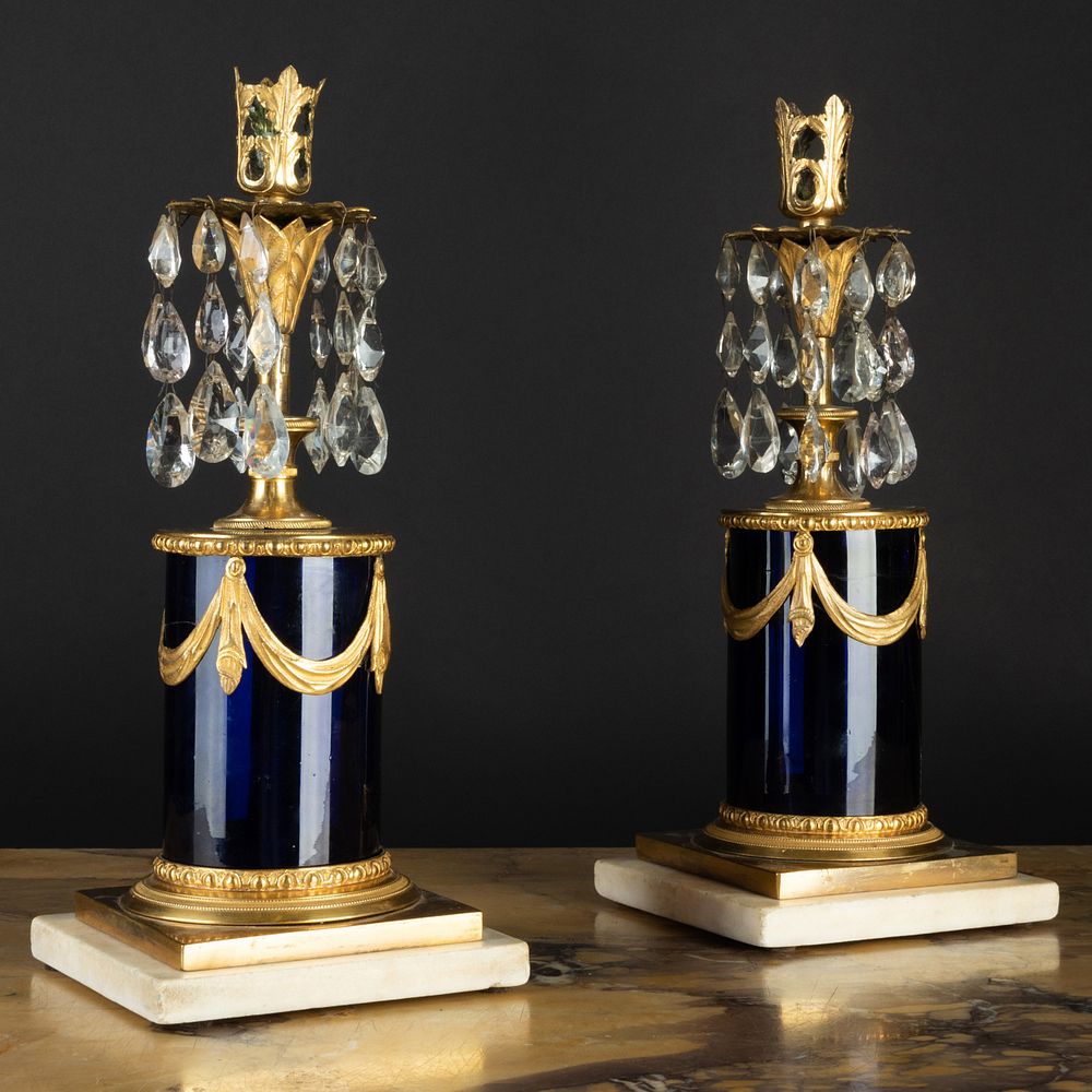 Appraisal: Pair of English Gilt-Metal-Mounted Blue Glass Candlesticks Both raised on