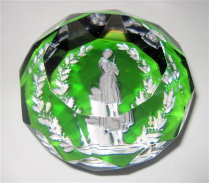 Appraisal: Antique Baccarat 'Joan of Arc' sulphide faceted paperweightDepicted standing With