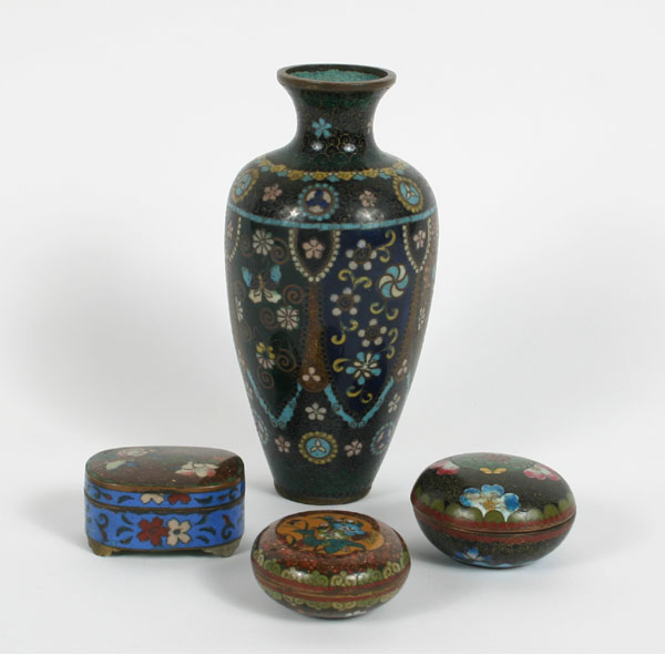 Appraisal: Japanese Meiji cloisonne boxes and vase three covered boxes with