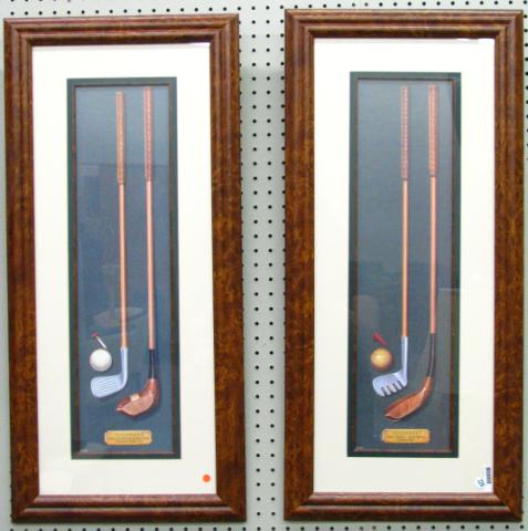 Appraisal: Pair of framed gold motif prints depicting antique golf equipment